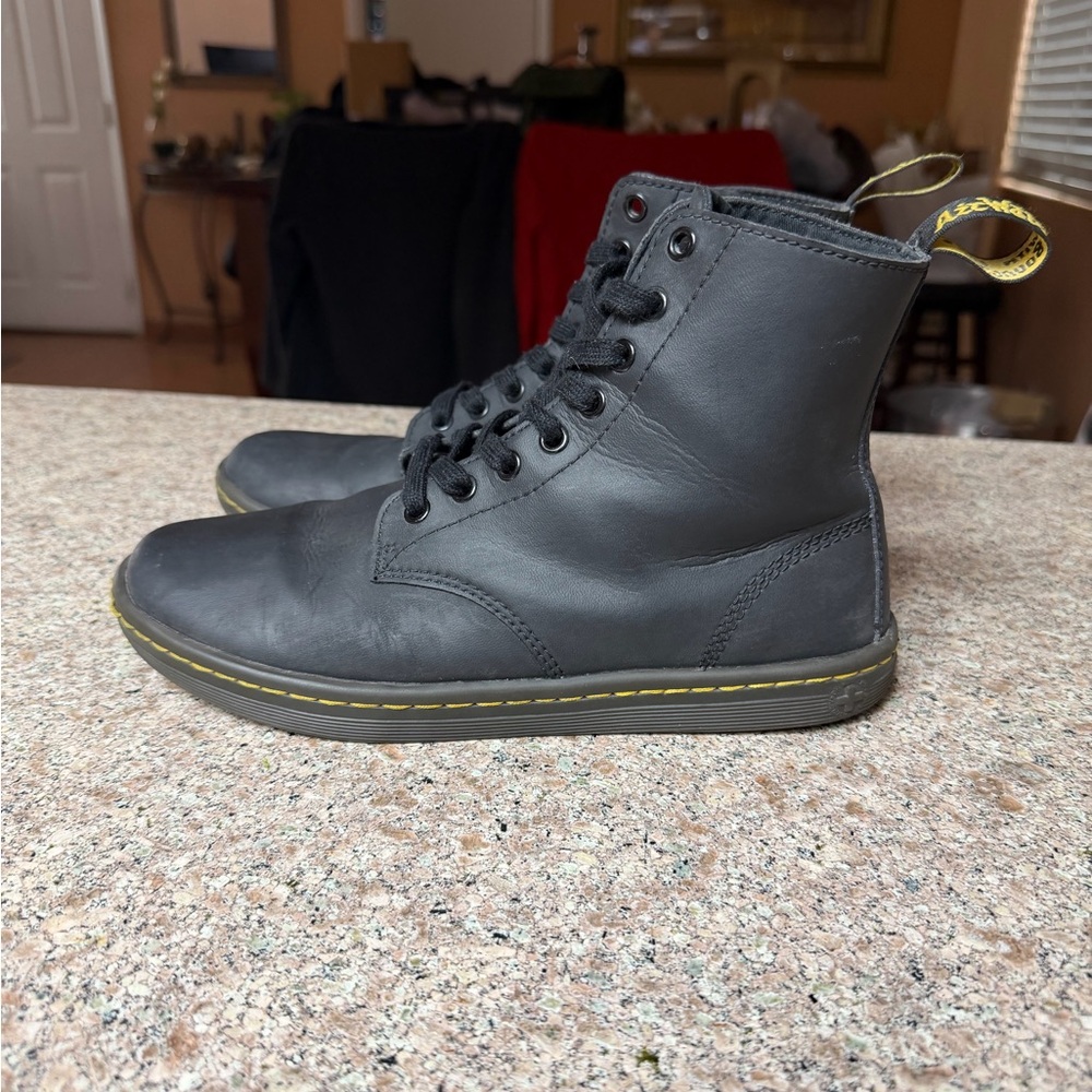 Dr. Martens Black Leather Boots with Yellow Stitching
